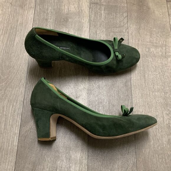Daniele Ancarani Suede Leather Bow Tie Kelly Green Block Heel Round‎ Toe Shoes - Picture 2 of 9